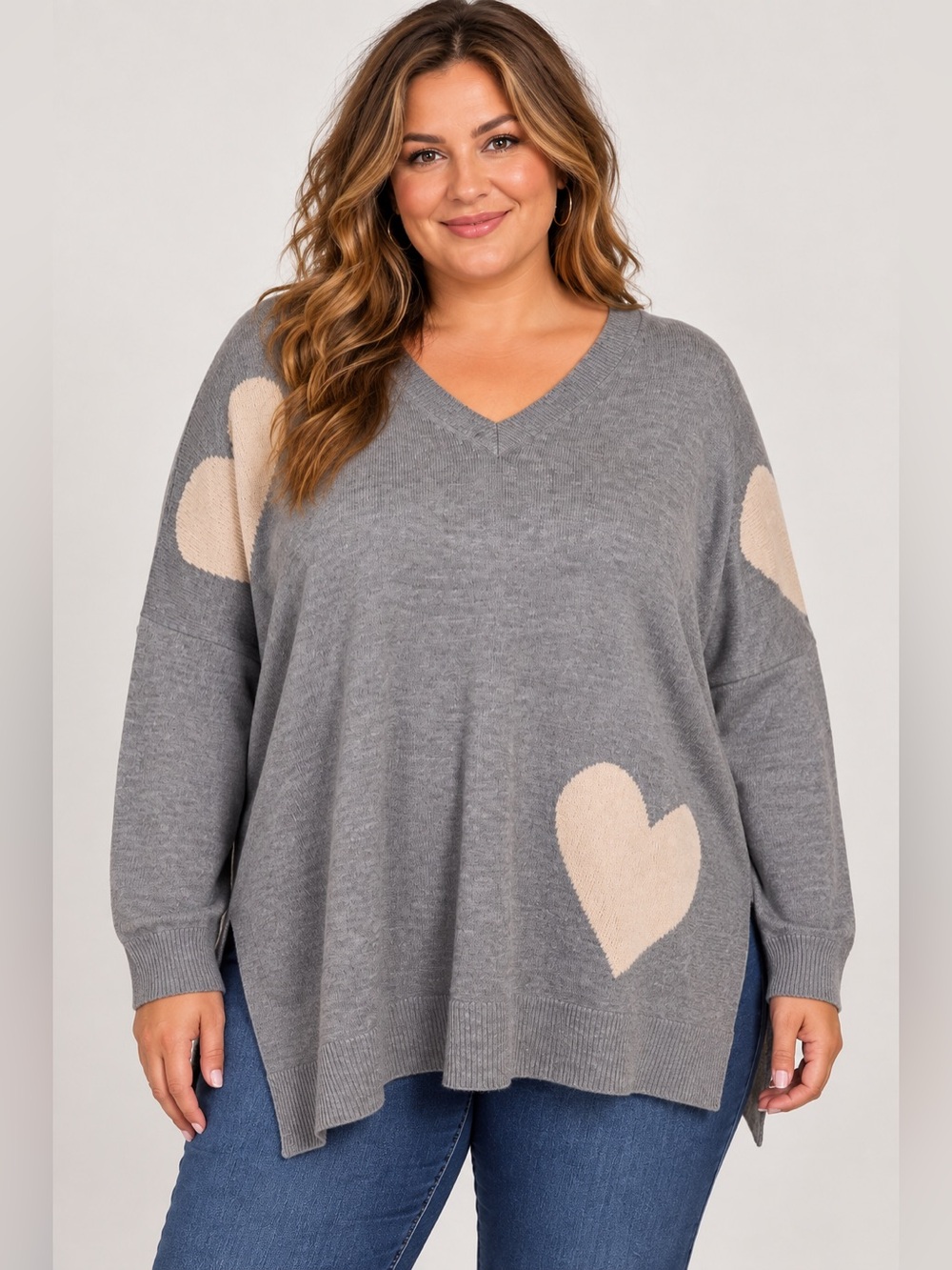 Laurie Felt Cashmere Blend Intarsia Heart V-Neck Sweater